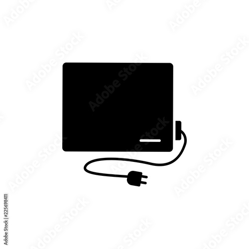 Black & white vector illustration of ceramic panel heater. Electric wall mounted heater with wave printed picture. Flat icon. Isolated on white background.