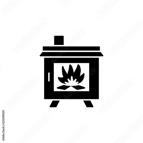 Black & white vector illustration of wood stove. Flat icon of modern furnace. Heating appliance for home. Isolated on white background