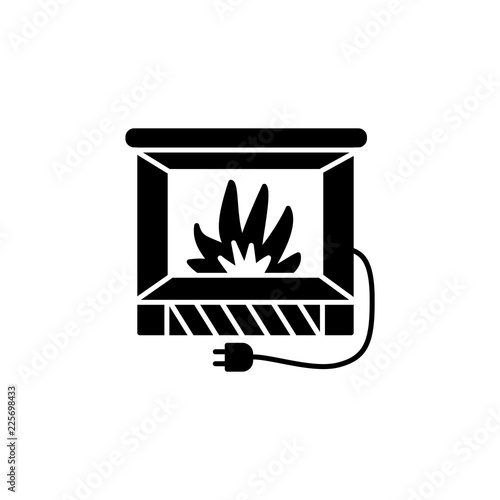 Black & white vector illustration of electric fireplace. Flat icon of vintage heater with electric fire. Heating equipment for home and office. Isolated on white background