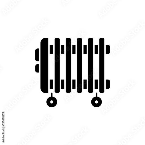 Black & white vector illustration of portable oil heater. Flat icon. Isolated on white background.