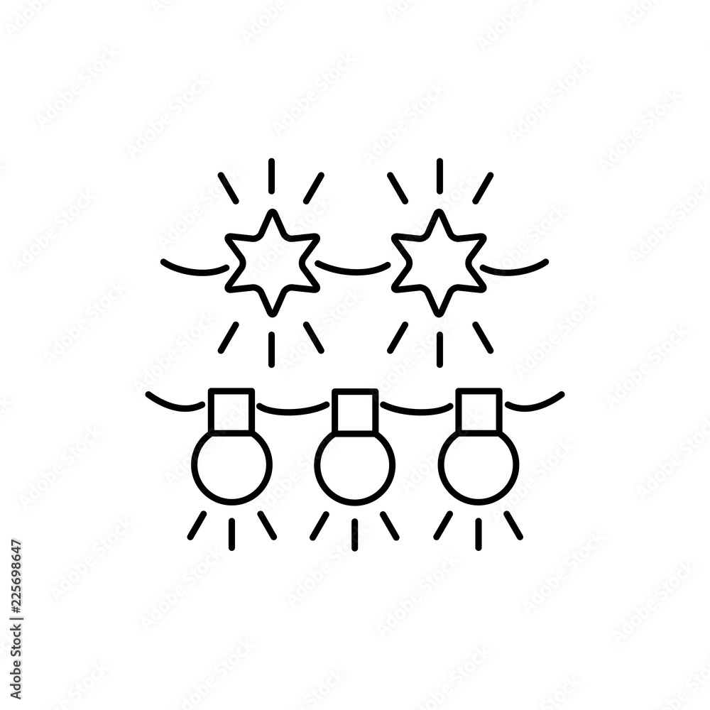 Black & white vector illustration of christmas garlands from stars & lamps. Line icon of holiday lightings. Decorative festive illumination for home & office. Isolated on white background.
