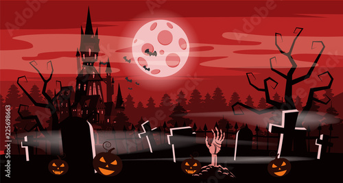 Template Halloween holiday pumpkin, cemetery, black abandoned castle, gloomy autumn forest, panorama, moon, crosses and tombstones. Vector, isolated, invitation card, poster, banner, cartoon style.