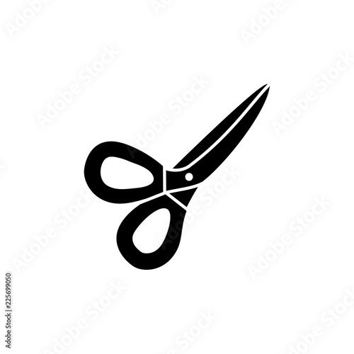 Black & white vector illustration of straight dressmaking scissors. Flat icon of quilting & sewing instrument to cut fabric. Patchwork, needlework tool. Isolated on white background.