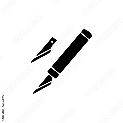 Black & white vector illustration of craft pen knife with blade. Flat icon of quilting & patchwork cutting tool. Isolated on white background.