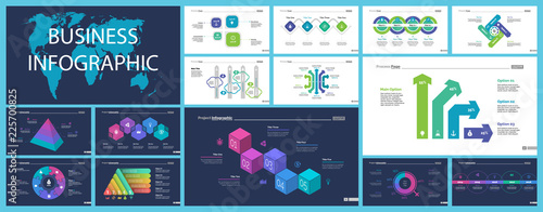 Creative infographic diagrams with geometric elements for project management concept. Can be used for business project, annual report, web design. Process chart, option chart, flowchart, donut diagram