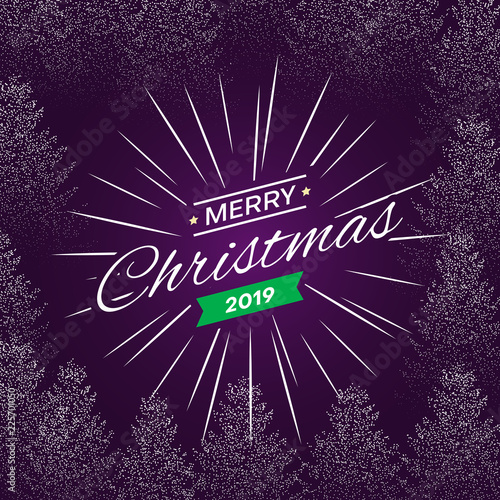 Purple Merry Christmas 2019 greeting card with winter ornament.