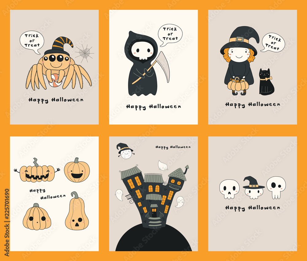 Set of Halloween greeting cards with kawaii funny characters, text, pumpkins, haunted house, ghosts. Hand drawn vector illustration. Line drawing. Design concept for kids print, party invitation.