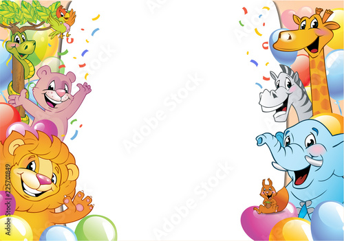 Cartoon cheerful animals, holiday background