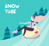 Vector cartoon flat girl in hat sledging along the slope with fir trees at inflatable tube, snowtubing outdoors in winter with long hairs. Young woman sledding on snow rubber tube. Winter activity