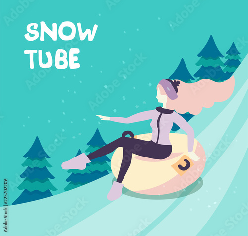 Vector cartoon flat girl in hat sledging along the slope with fir trees at inflatable tube, snowtubing outdoors in winter with long hairs. Young woman sledding on snow rubber tube. Winter activity