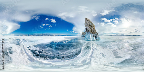 ice on winter Lake Baikal near Ogoy island. Siberia, Russia. Spherical 360vr panorama