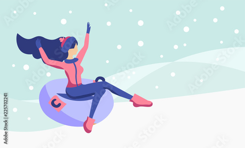 Flat vector illustration of a long-haired slim girl slides off a snow slide on a tubing holding her arms up. Snowing. Young sexy woman in hat sledging at inflatable tube, snowtubing outdoors in winter