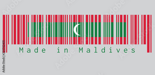 Barcode set the color of Maldives flag, green with red border and white crescent on center. text: Made in Maldives. concept of sale or business.