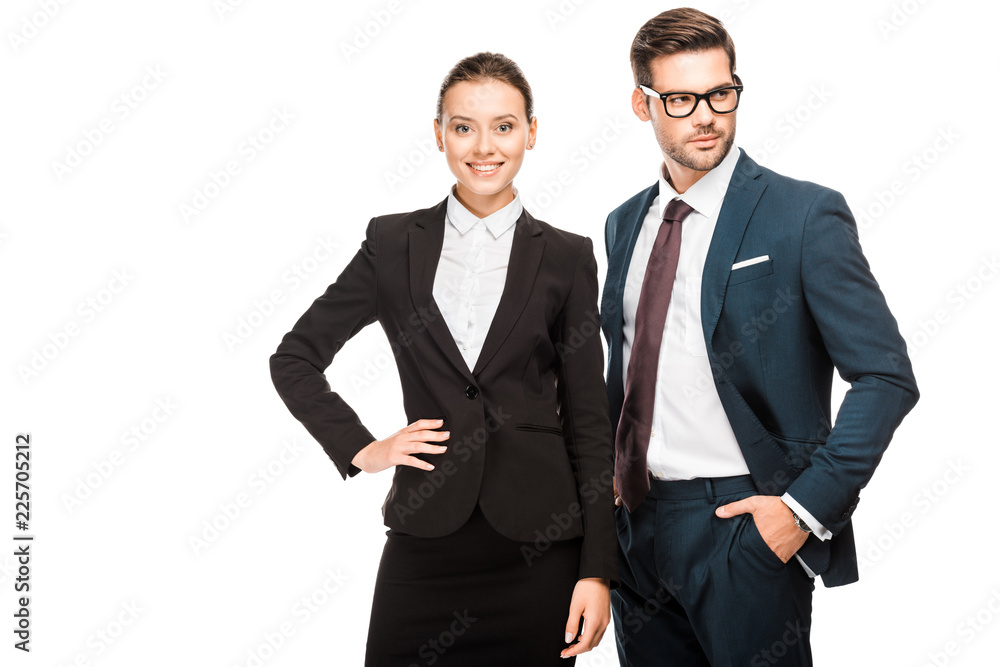attractive young business partners in stylish suits isolated on white attractive young business partners in stylish suits isolated on white