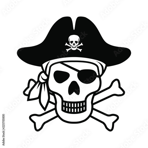 Symbol Jolly Roger. Icon pirate skull isolated on white background. Sign skull with bandana, pirate hat and bones. Monochrome vector illustration