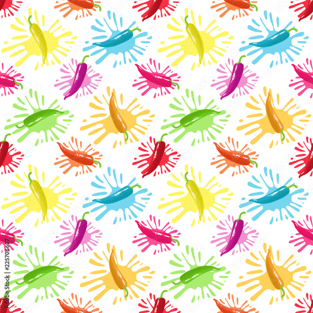 Hot cayenne pepper. Chile seamless pattern with stains of paint.