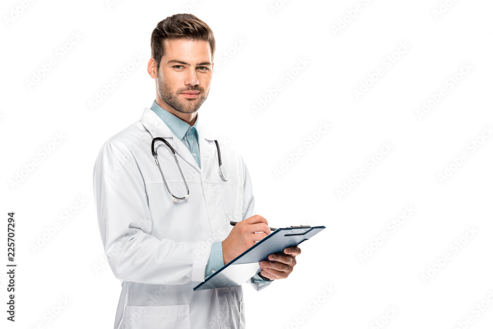 happy male doctor with stethoscope over neck writing in clipboard isolated on white happy male doctor with stethoscope over neck writing in clipboard isolated on white