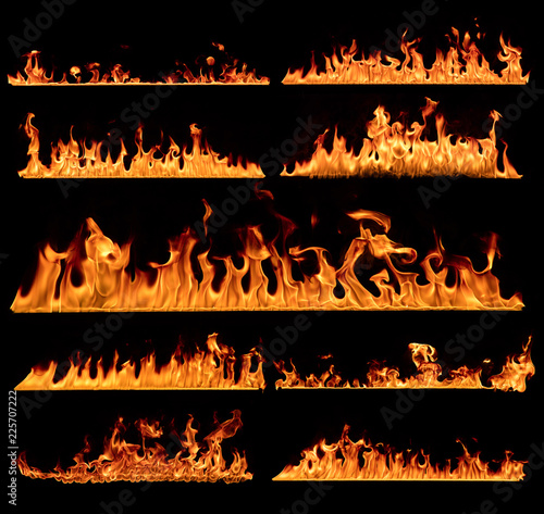 Set of flames textures on black background