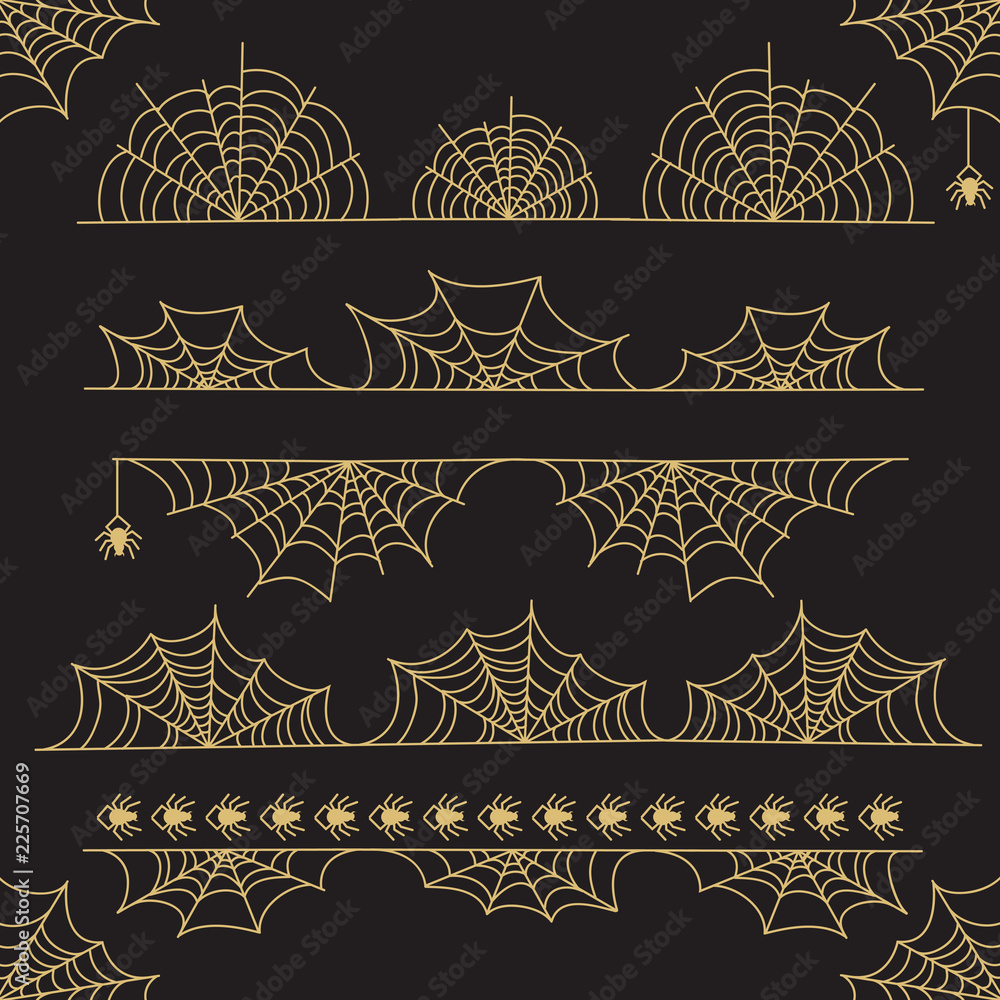 Gold Halloween vector frame border and dividers with spider web ...