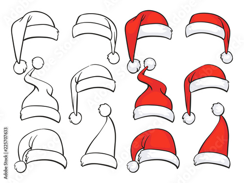 Santa red hats with white fur and ink sketch set. Isolated Christmas holiday vector decoration illustration photo