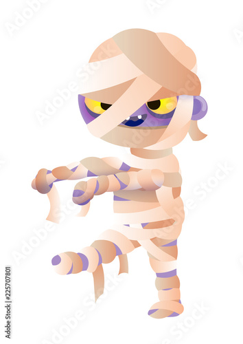 Cartoon mummy wrapped in bandages. Walking, scary, archeology. Halooween concept. Can be used for greeting cards, posters, leaflets and brochure
