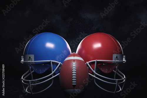 3d rendering of two helmets of different colors standing on both sides of an American football ball.