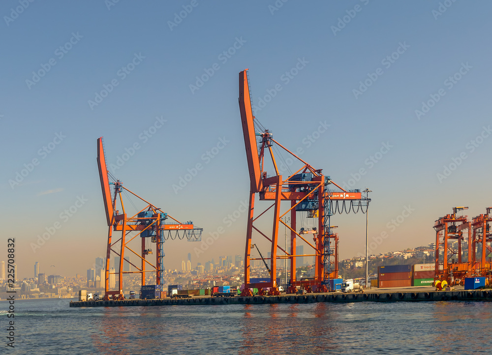 Day shot of the cranes in the shipyard of the Port of Haydarpasha, Istanbul, Turkey with city view in the background