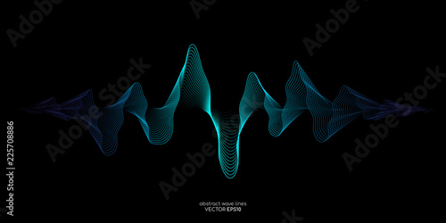 Vector sound wave lines dynamic in blue green color light flowing on black background for concept of music, sound, technology photo