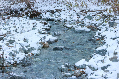 natural river among snowcapped stone at Kamikochi Nagano Japan.