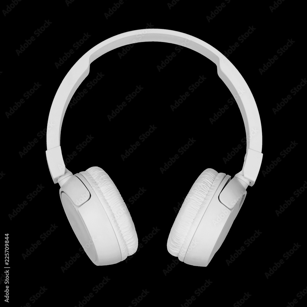 wireless headphones isolated on black background. bluetooth earbuds, white  earphones. concept noise blocker Stock Photo | Adobe Stock