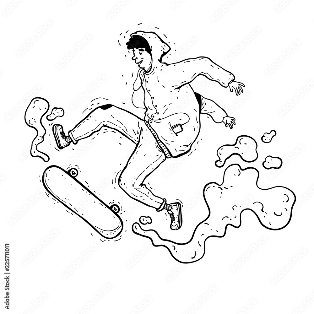 Fototapeta premium Teen skater in a hoodie sweatshirt and jeans slides over a railing on a skateboard