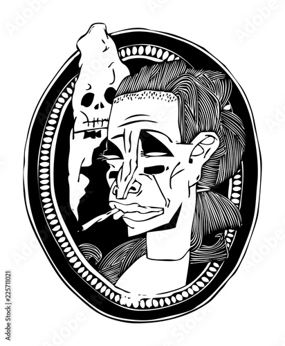 Portrait of a Fatal Wife. Black and white illustration on a poster and on a T-shirt.