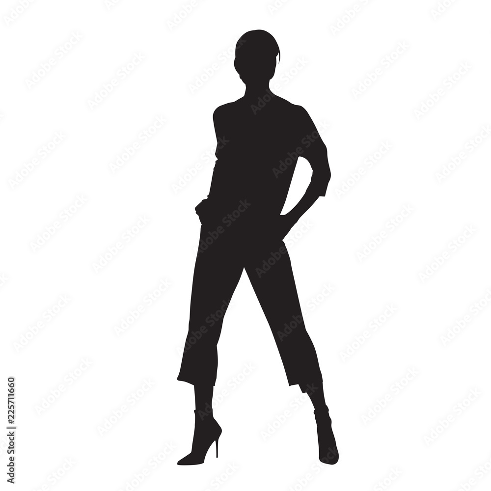 Fashion woman standing, posing female model in trousers with hands in pockets. Isolated vector silhouette Fashion woman standing, posing female model in trousers with hands in pockets. Isolated vector silhouette