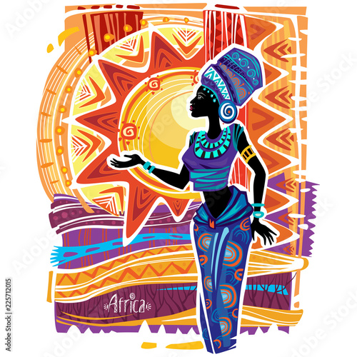 African woman in ethnic dress on ornament background