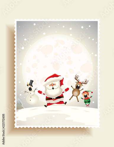 Christmas postcard-Santa Claus,Reindeer,Snowman and Elf jumping and singing Christmas carol on the north pole.