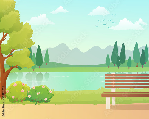 Background of park  and bench with a lake view. Spring season with trees and bushes. Vector illustration.
