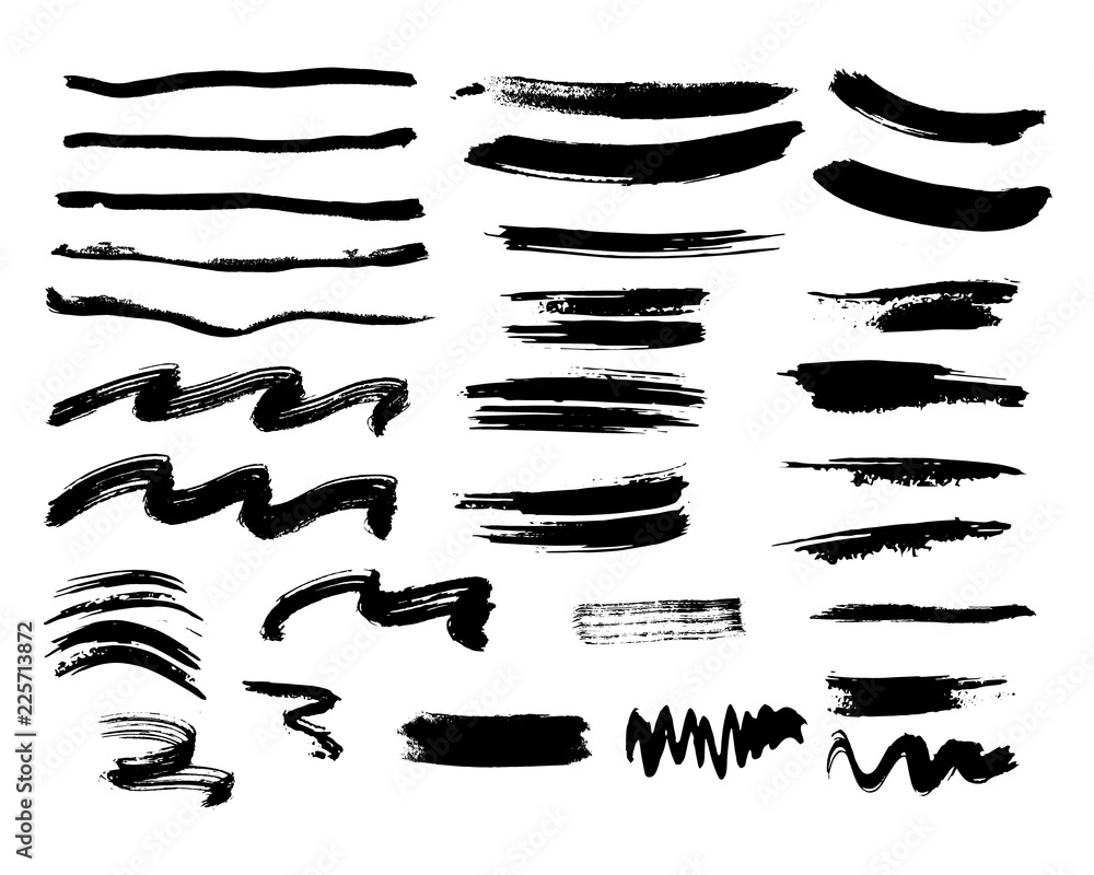 Set of hand drawn brush lines. Pencil strokes and text dividers. Ink waves. Set of hand drawn brush lines. Pencil strokes and text dividers. Ink waves.