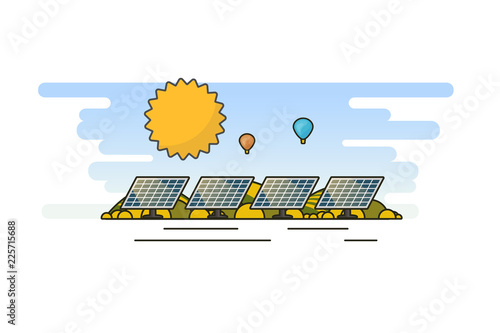 Ecology Concept, Banner Template in Flat Style. Vector Illustration. Solar Panels Green Energy Technology. 