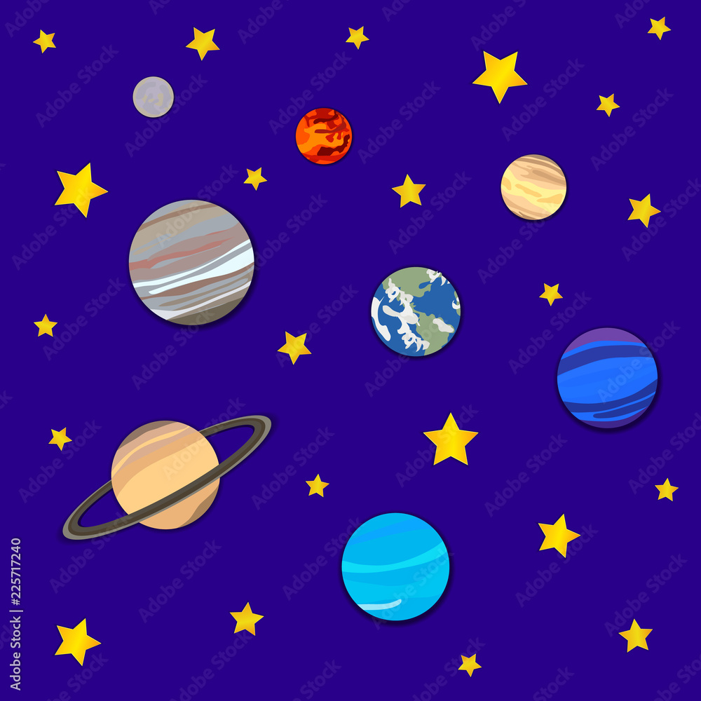 Vector Background with Planets and Stars, Cosmic Backdrop, Paper Art. Vector Background with Planets and Stars, Cosmic Backdrop, Paper Art.