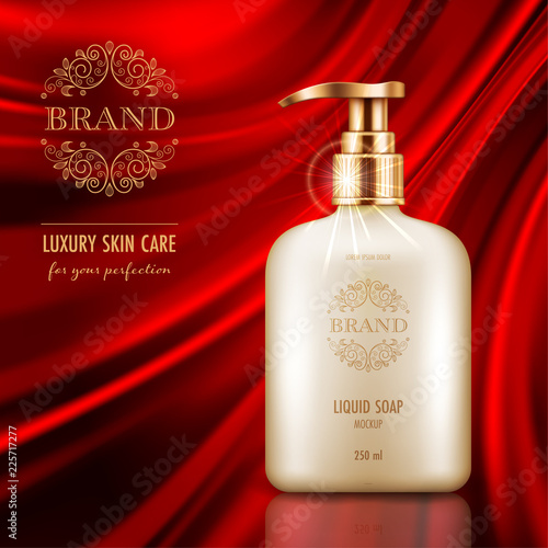 Cosmetic advertising poster with realistic containers for skin care products on red smooth satin fabric background. Mockup for promoting your brand