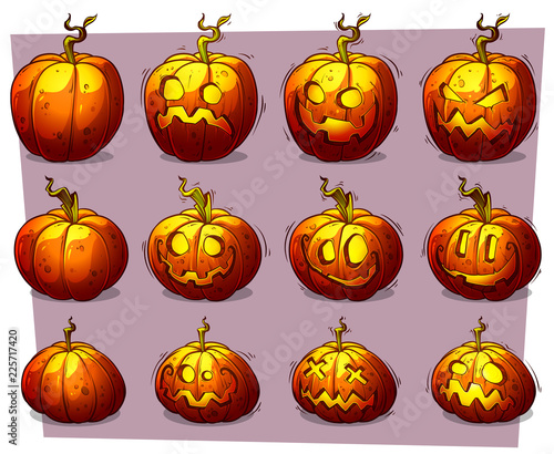 Cartoon colorful halloween pumpkins vector set
