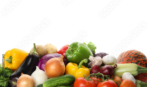 Heap of fresh ripe vegetables on white background. Organic food