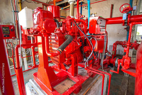 Diesel engine fire pump, Electric motor fire pump with control system red piping and valve.
