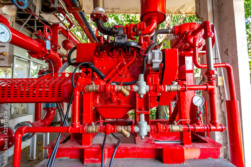 Diesel engine fire pump, Electric motor fire pump with control system red piping and valve.