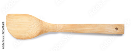Kitchen utensil made of bamboo on white background, top view