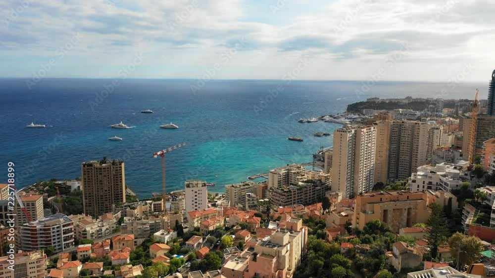 Aerial panoramic view of skyline of Monte Carlo, landscape panorama of Monaco from above, Europe