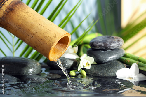 Traditional bamboo fountain with spa stones and flowers, closeup. Space for text