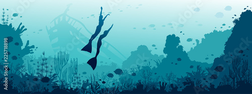 Underwater sea - freedivers, coral reef, fish, sunken ship