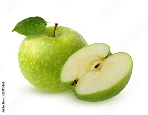 Green Apple with leaf, isolated on white