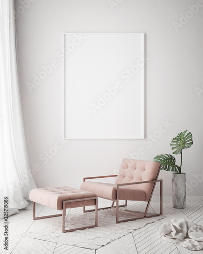 mock up poster frame in hipster interior background, living room, Scandinavian style, 3D render, 3D illustration
